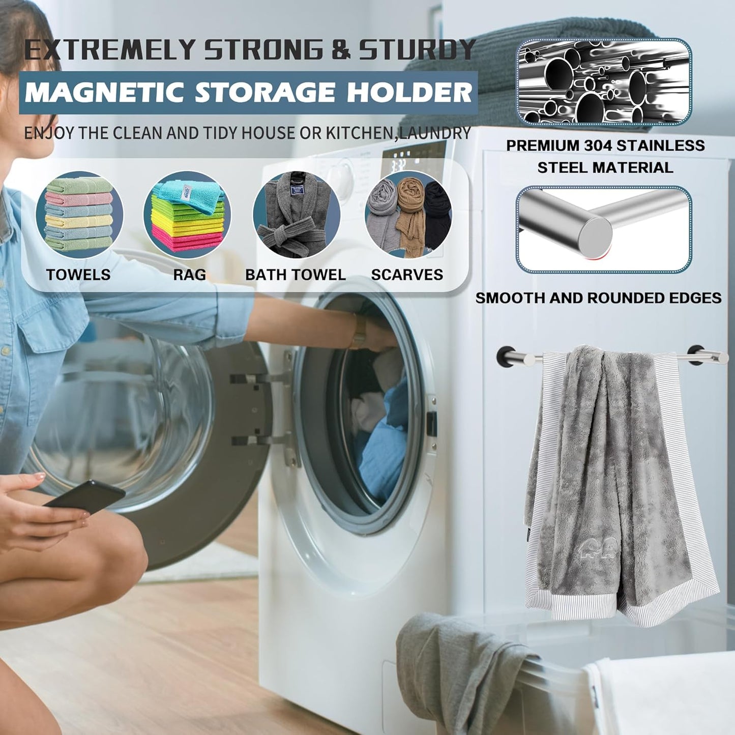 ULIBERMAGNET Magnetic Towel Holder - Adjustable Length Stainless Steel Rail for Kitchen & Laundry