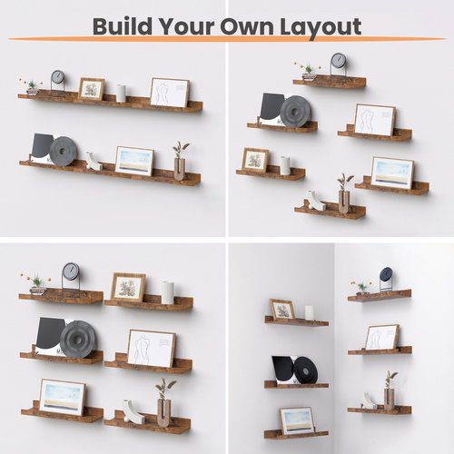 upsimples Floating Shelves for Wall, Wall Shelves for Decor Storage Set of 6, Wall Mounted Wood Shelf for Bedroom, Living Room, Bathroom, Kitchen, Picture Ledge Shelf, Brown