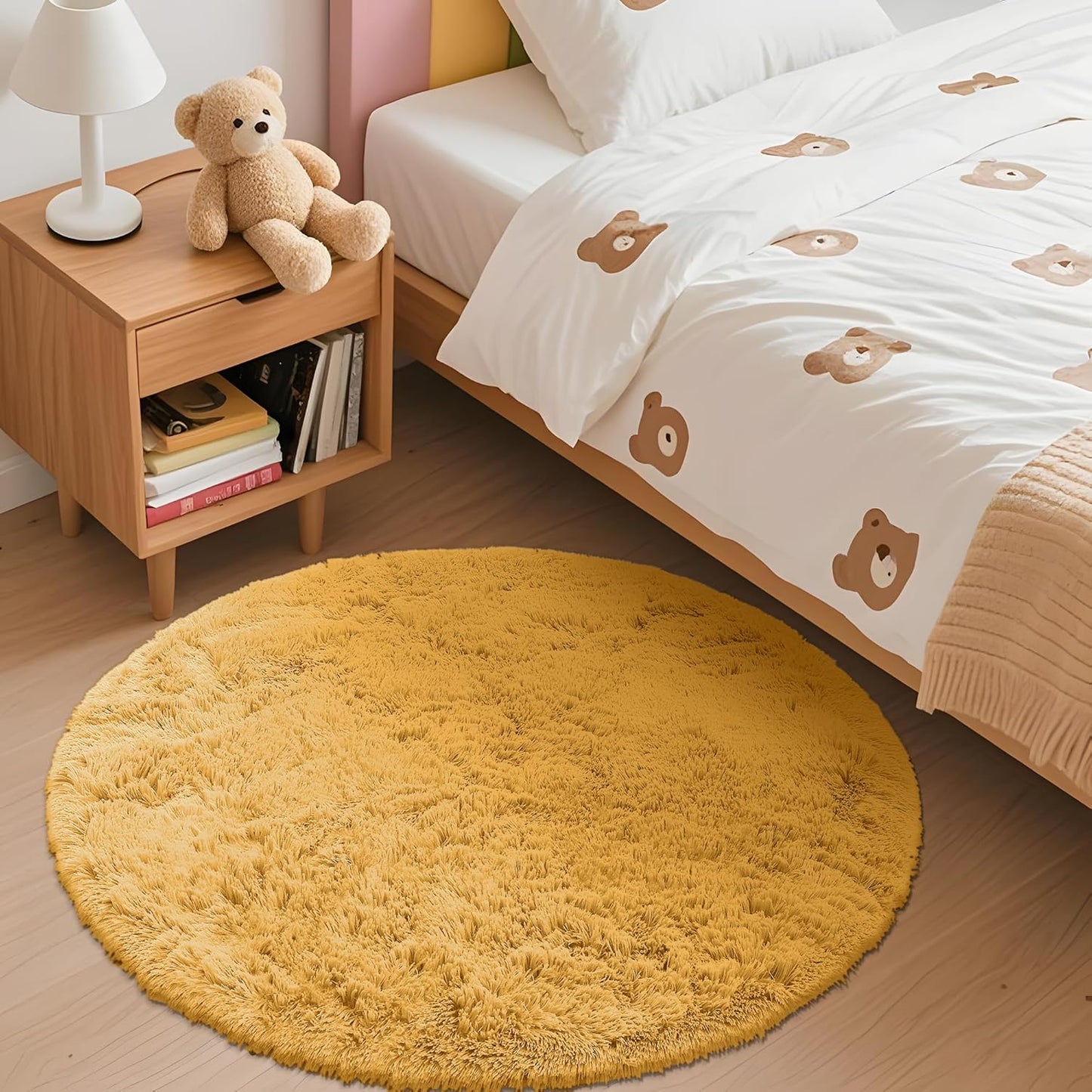 OLANLY Mustard Yellow Round Rug - Soft, Fluffy Shaggy Carpet for Bedroom | 3 ft Circle Area Rug