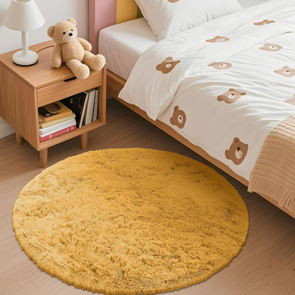 OLANLY Mustard Yellow Round Rug - Soft, Fluffy Shaggy Carpet for Bedroom | 3 ft Circle Area Rug
