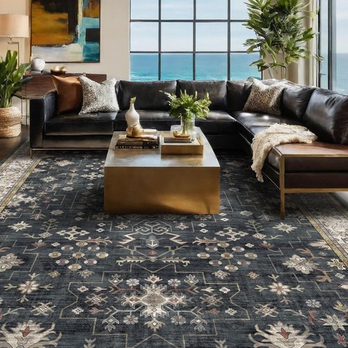 Hazo Haus Boho Area Rug - Washable 7x9 Black Low Pile Non-Slip Dining Room & Bedroom Decor | Stain Resistant