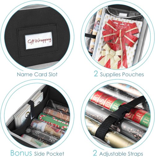 Hearth & Harbor Wrapping Paper Storage Container - Tear-Proof Organizer with Interior Pockets | Holds Up to 22 Rolls