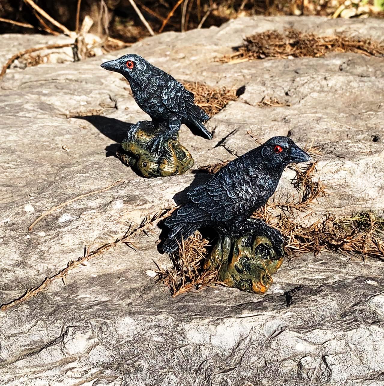 Skiennix 2PCS Resin Crow Raven Statues - Black Bird Halloween Decor | Realistic Model