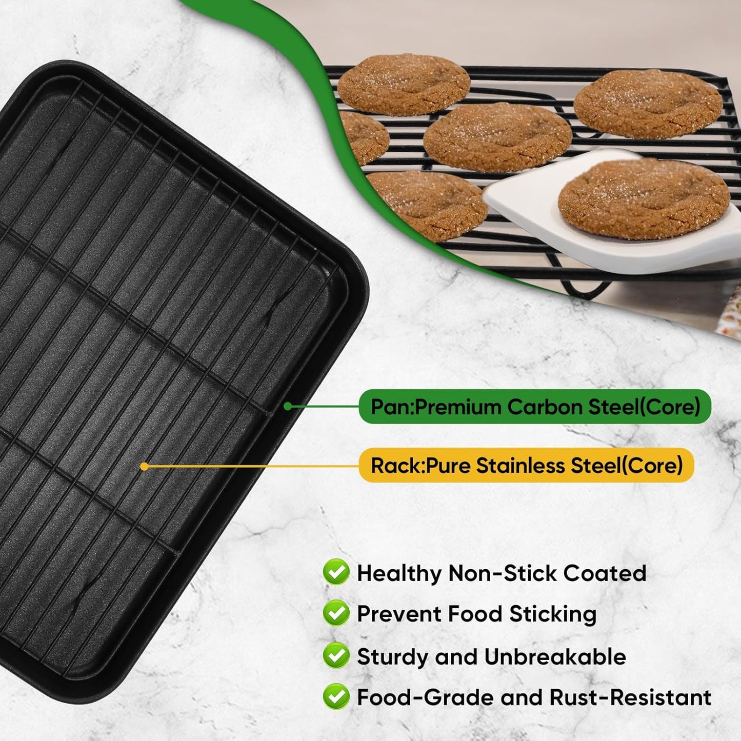P&P CHEF Nonstick Baking Sheet Pan with Cooling Rack - Easy Clean, Black, 10.4 x 8 Inch