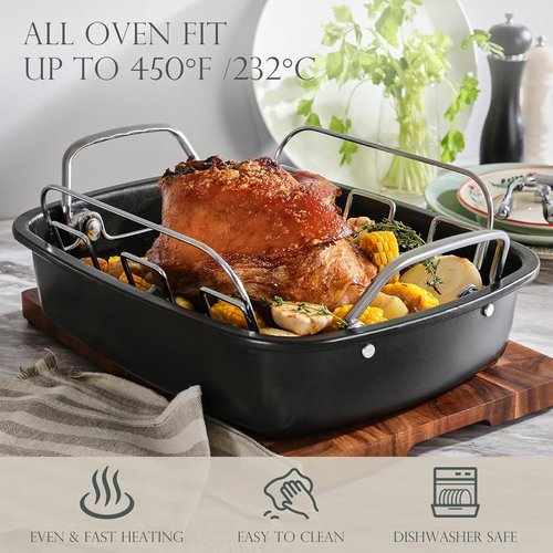 KITESSENSU Nonstick Turkey Roasting Pan - Heavy-Duty 17 x 14 Inch Chicken Roaster with Rack - Gold Finish