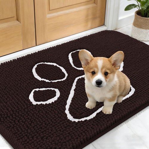 OLANLY Dog Door Mat for Muddy Paws 24x16, Paw Print Design, Absorbs Moisture and Dirt, Absorbent Non-Slip Washable Doormat, Quick Dry Chenille Mud Mat for Dogs, Entry Indoor Entryway Carpet, Brown
