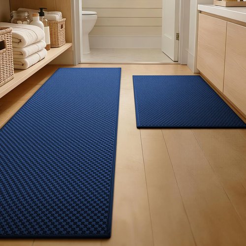 YIHOUSE Bathroom Rugs, Ultra Thin Bath Mat, Set of 2, Non-Slip, Quick Dry Absorbent, Machine Washable Bath Mat Set for Bathroom Floor (17"x24" Plus 17"x47", Dark Blue)
