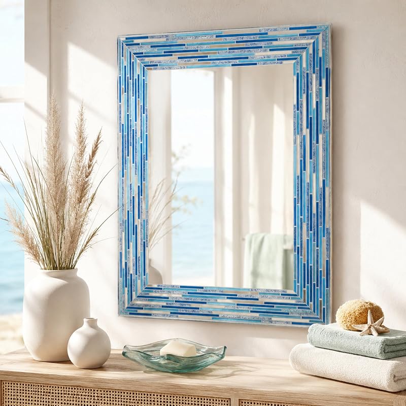Head West Blues2 24 x 30 Frameless Mosaic Vanity Mirror - Reeded Tile-Print Rectangle Wall Mirror