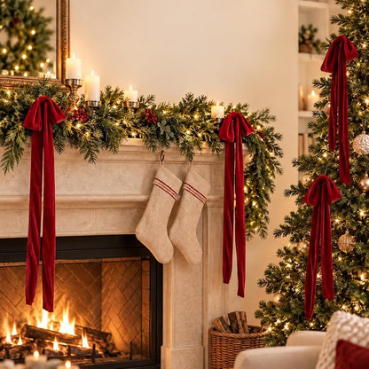 Giant Burgundy Velvet Christmas Bow Ornaments Set of 4 with Long Tails