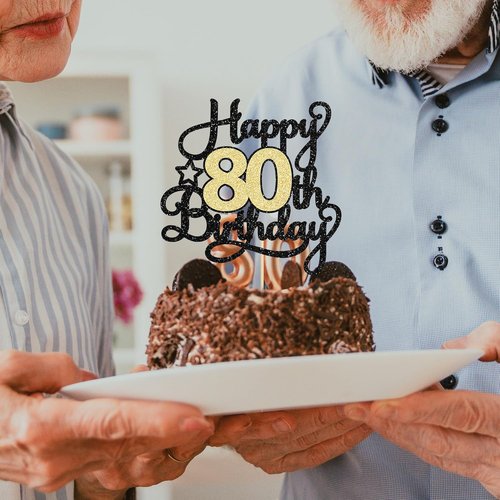 Happy 80th Birthday Cake Topper by [Brand Name] - Black Gold Glitter Design | Perfect for 80th Anniversary Celebrations