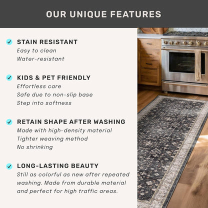 Skiennix Black Washable 8ft Long Runner Rug - Non-Slip Boho Vintage Design for High Traffic Areas