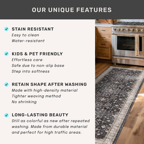 Hazo Haus Black Farmhouse Washable 7x10 Area Rugs for Living Room, Bedroom, Dining Room Table, Dark Charcoal Stain Resistant Non-Slip Large Washable