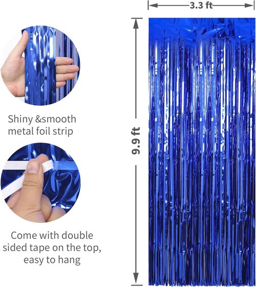 Crosize Dark Blue Foil Fringe Backdrop Curtains - 3 Pack | 3.3 x 9.9 ft Streamer Decorations for Parties