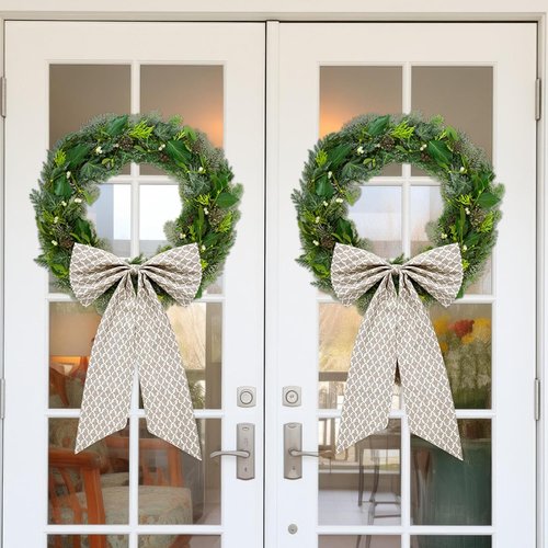 HunnmingRe Christmas Wreath Sash - 24 x 16 Inch Driftwood Block Print with Floral Burlap Bow - Beige