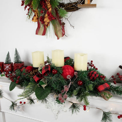 Northlight Pine Triple Candle Holder - Festive Bows & Plaid Ornaments | 30" Green Design