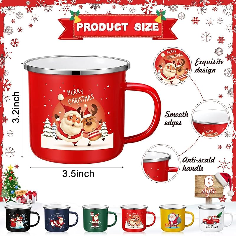 Zhehao 6 Pcs Cartoon Enamel Mugs 11 oz - Santa & Snowman Design (Variation: 6+Cartoon)