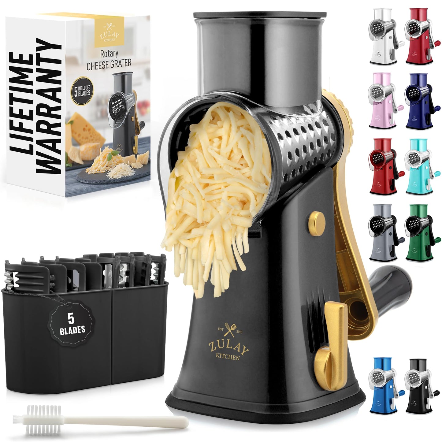 Zulay Kitchen Rotary Cheese Grater 5 Blade Cheese Shredder - Manual Hand Crank Cheese Grater With Reinforced Suction & 5 Interchangeable Drums - Easy to Use, Vegetable Chopper Round Mandoline Slicer