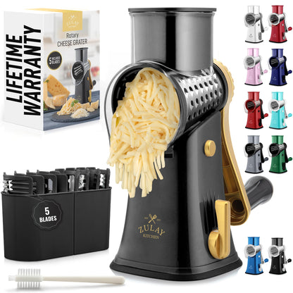 Zulay Kitchen Rotary Cheese Grater 5 Blade Cheese Shredder - Manual Hand Crank Cheese Grater With Reinforced Suction & 5 Interchangeable Drums - Easy to Use, Vegetable Chopper Round Mandoline Slicer