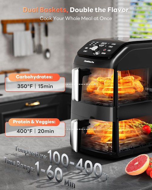 12QT Large Double Air Fryer by [Brand Name] - 10-in-1 Dual Airfryer with SyncHeat Tech, Compact Design, PFAS-Free, Black