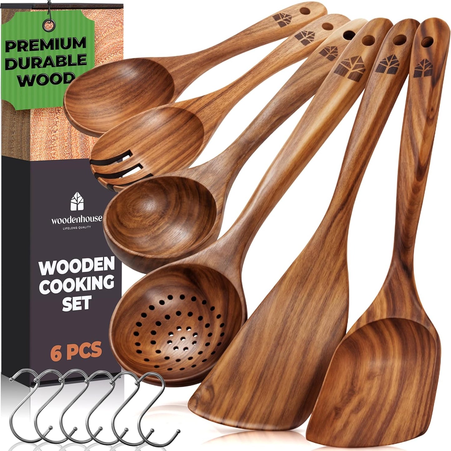 Skiennix Wooden Spoons - 6 Pcs Premium Teak Utensil Set | Durable, Nonstick, Easy to Clean & Heat Resistant