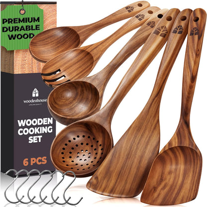 Skiennix Wooden Spoons - 6 Pcs Premium Teak Utensil Set | Durable, Nonstick, Easy to Clean & Heat Resistant