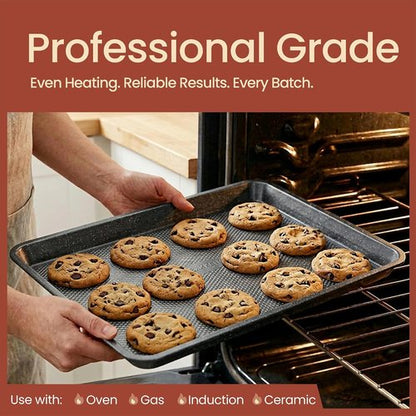 BAKKEN Nonstick Baking Pans Set - 3 Sizes with Diamond Texture Bottom | Oven Safe Up to 450°F, Gray Marble