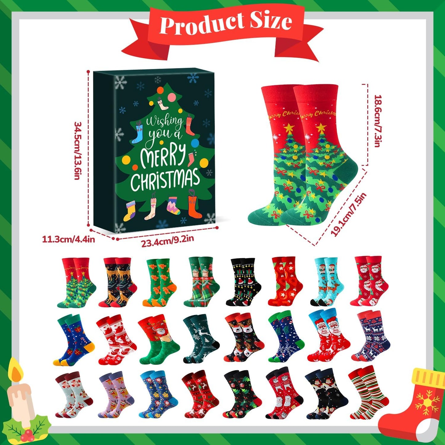 MOVINPE Advent Calendar Socks - 24 Pairs of Funny Christmas Crew Socks for Adults | Warm Cotton Countdown Gifts