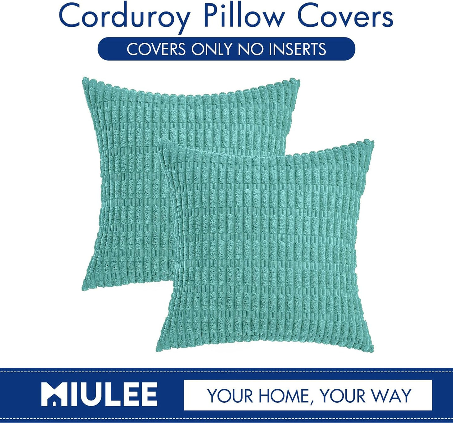 MIULEE Corduroy Throw Pillow Covers - Soft Boho Striped Design | 18x18 Inch Aqua Green for Modern Farmhouse Decor