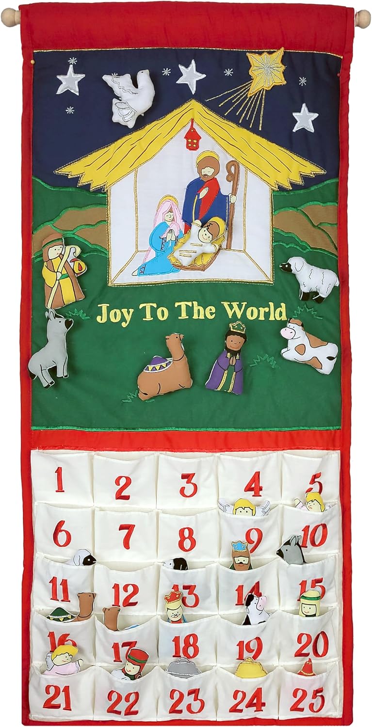 Pockets of Learning Joy To The World Nativity Advent Calendar - Festive Fabric Countdown Wall Hanging