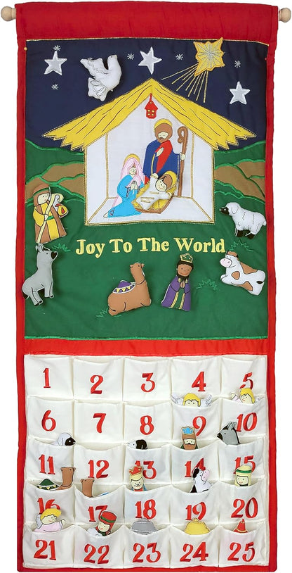 Pockets of Learning Joy To The World Nativity Advent Calendar - Festive Fabric Countdown Wall Hanging
