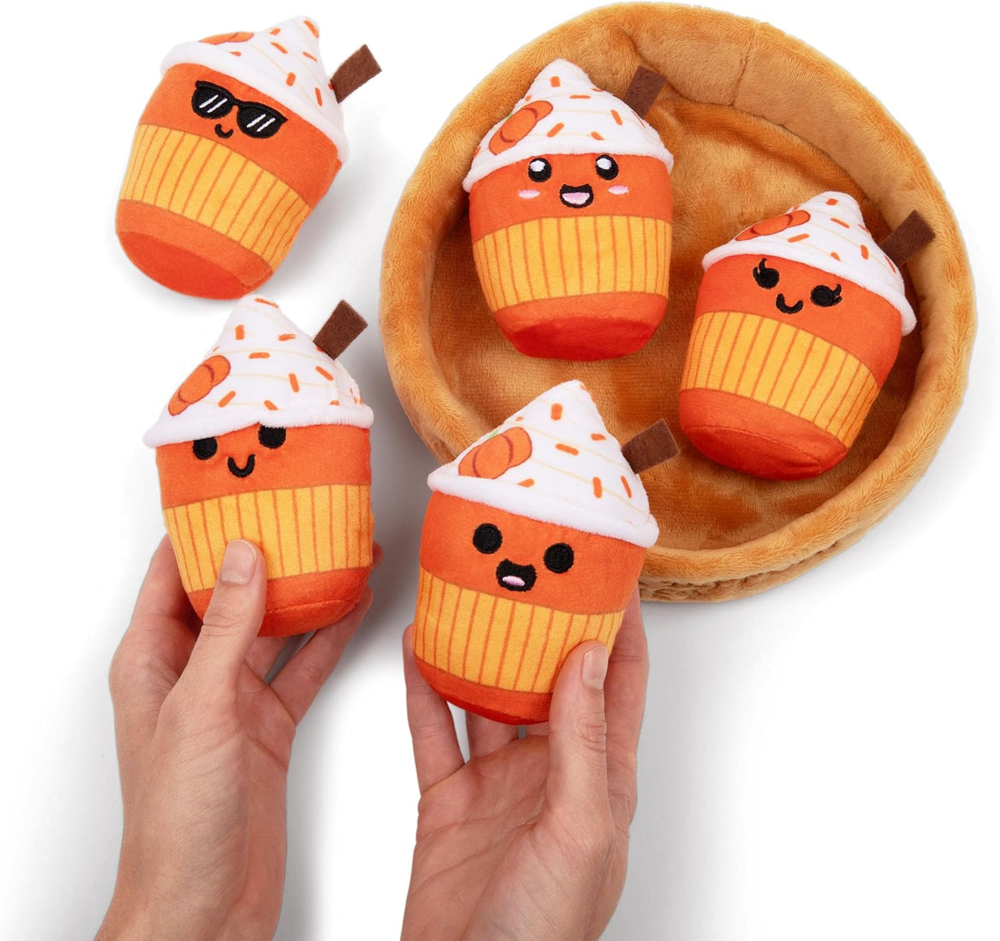 Relatable Emotional Support Lattes - Soft Fall Plushies for All Ages | Perfect Back to School Gifts, 5-Piece Set with Basket