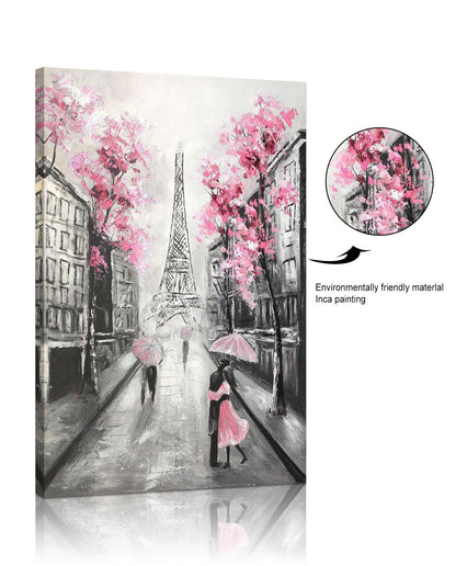 YPY Abstract Paris Canvas Wall Art: Black White Eiffel Tower Hand Painted Oil Painting, Pink and Grey Picture Print Room Decor for Teen Girls Bedroom Bathroom 24" x 36"
