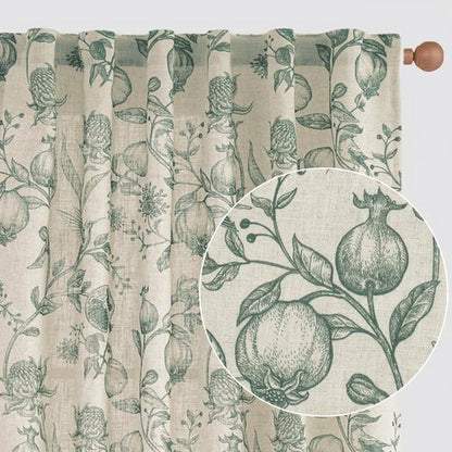 jinchan Linen Curtains Floral Curtain for Living Room 84 Inch Long Dark Green French Back Tab Light Filtering Toile Print Farmhouse Bedroom Curtains Window Drapes Set 2 Panels