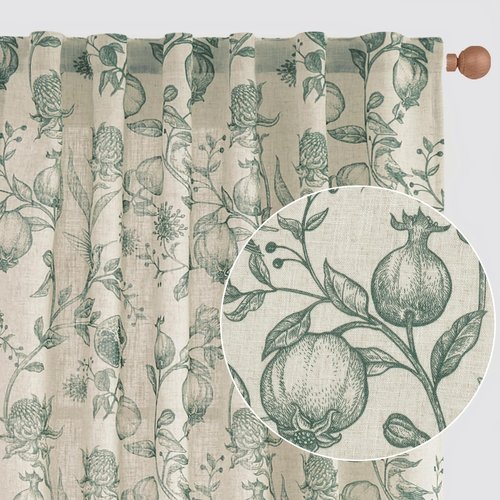 jinchan Linen Curtains Floral Curtain for Living Room 84 Inch Long Dark Green French Back Tab Light Filtering Toile Print Farmhouse Bedroom Curtains Window Drapes Set 2 Panels