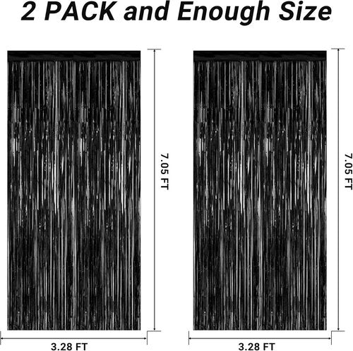 2026 Graduation Party Decorations - 2 Pack Black Backdrop & Metallic Fringe Curtains | 3.28 FT x 7.05 FT