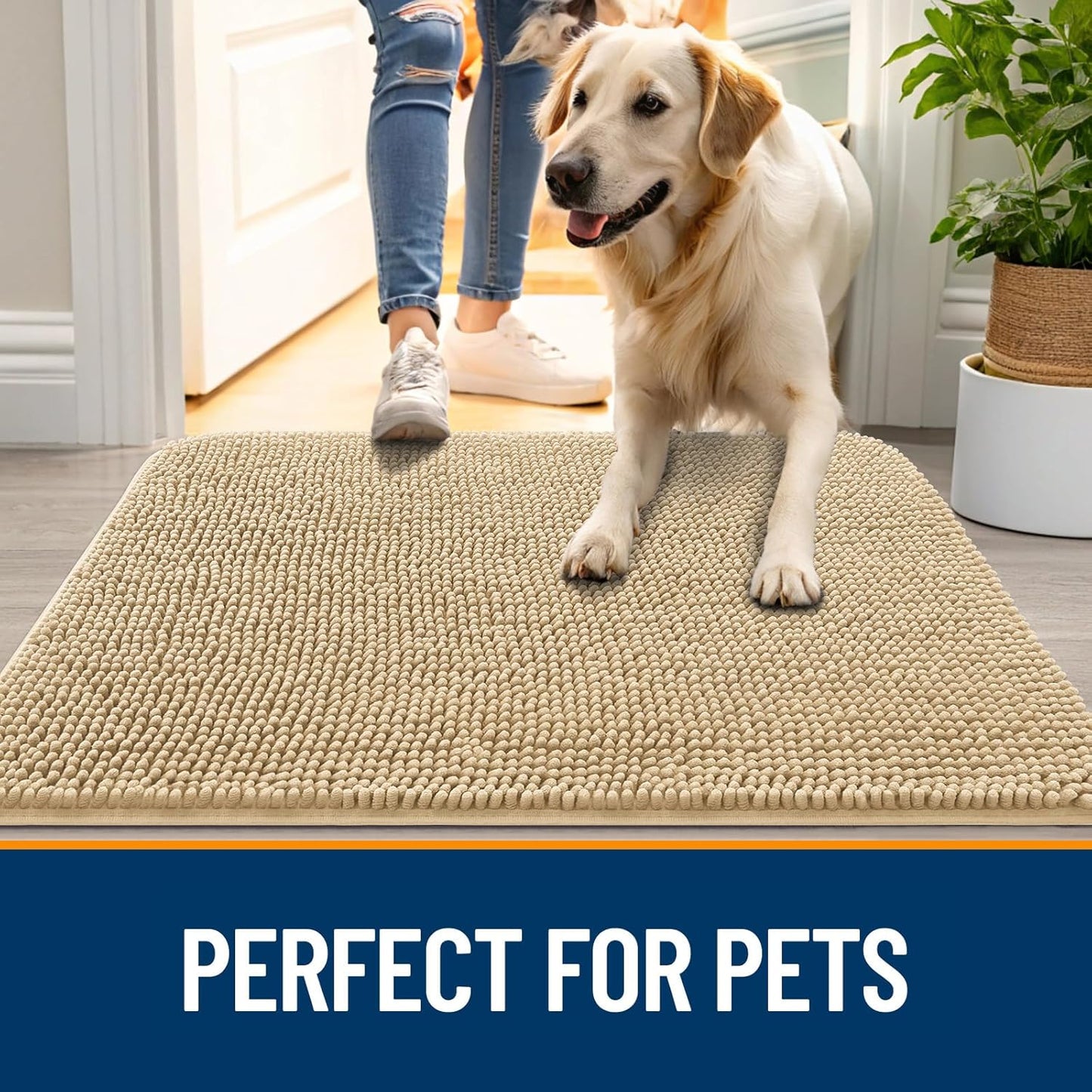 OLANLY Dog Door Mat - Absorbent Non-Slip Chenille Mat for Muddy Paws | 30x17 Inches, Beige