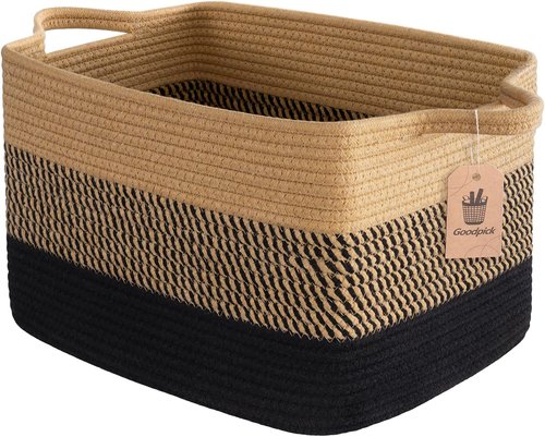 Goodpick Woven Storage Baskets - Stylish Cotton Rope Organizer for Living Room & Bedroom | 13"x10"x9" Black & Jute Dog Toy Basket with Handles