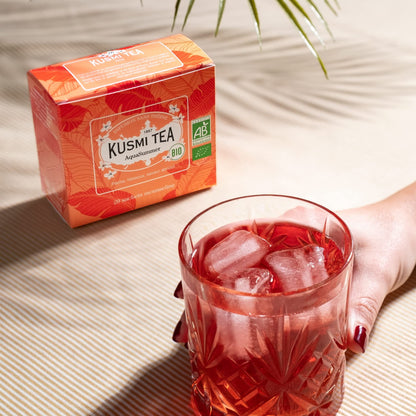 Kusmi Tea - AquaSummer - Organic Blend of Hibiscus, Apple, Apricot & Peach - Caffeine Free Herbal Tea - Enjoy Hot or Iced - Loose Leaf Tea - Tin Box of 3.5 oz - Quantity for about 50 cups