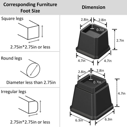 Napnapday Bed Risers 6 inch Heavy Duty in Adjustable Heights of 6, 4 or 2 Inches Bed Elevators, 1,500 lbs Lifts Up Furniture Riser for Sofa and Table Set of 4, Black