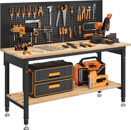 CAMMOO 60" Adjustable Height Work Bench - Heavy Duty Rubberwood Tabletop with Storage Shelf & LED Light