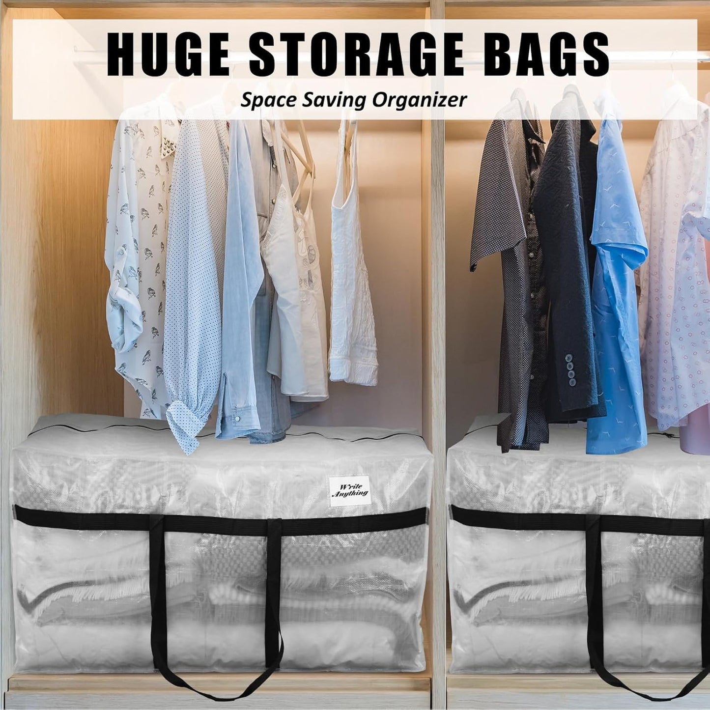 Skiennix 96 Gallon Extra Large Moving Bags - Heavy Duty Storage Tote with Strong Zipper Handle | Clear, Foldable Design