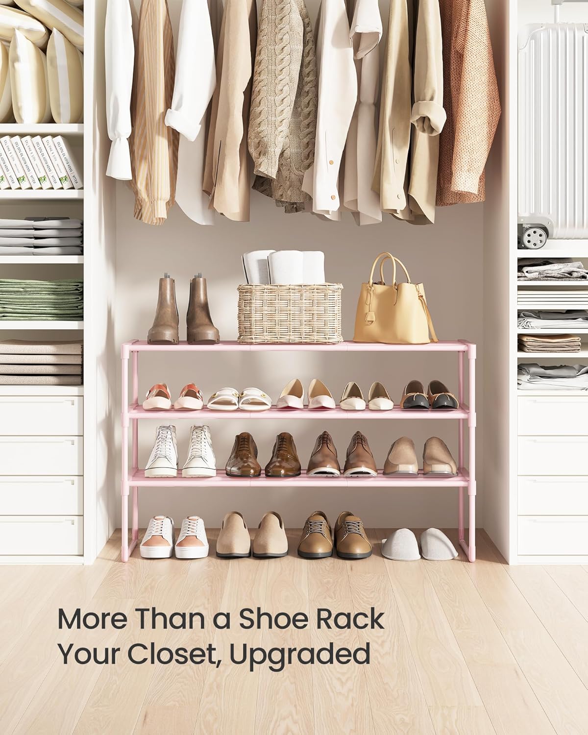 SONGMICS 3-Tier Shoe Rack - Stackable Metal Organizer for 16-20 Pairs | Jelly Pink, 11.8 x 36.2 x 21.7 Inches