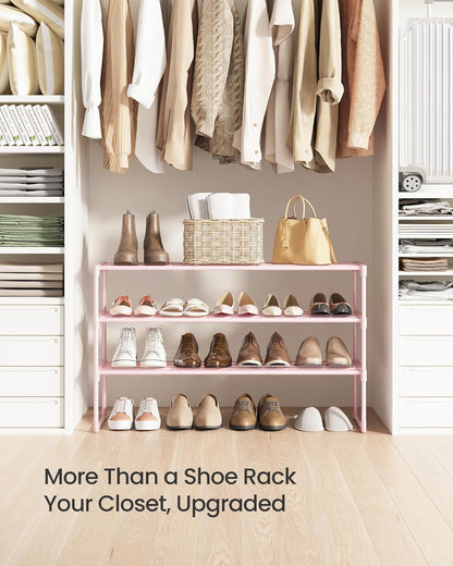 SONGMICS 3-Tier Shoe Rack - Stackable Metal Organizer for 16-20 Pairs | Jelly Pink, 11.8 x 36.2 x 21.7 Inches