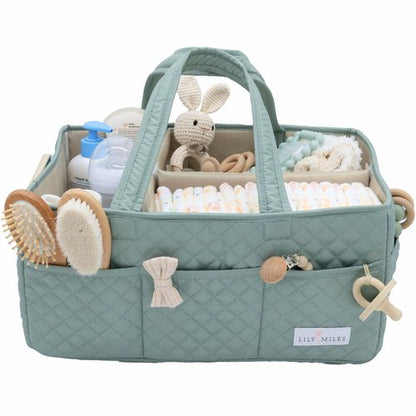 Lily Miles Baby Diaper Caddy Organizer, Quilted Nursery Storage Basket for Newborn Essentials and Diaper Changing Station, Gift for Baby Shower and Registry Must-Have (Willow Green)