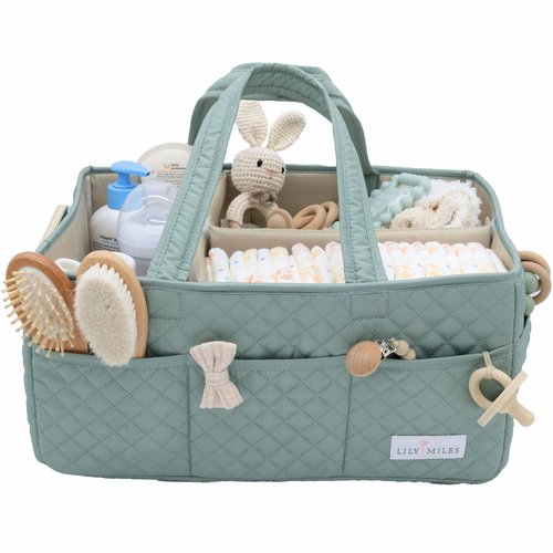 Lily Miles Baby Diaper Caddy Organizer, Quilted Nursery Storage Basket for Newborn Essentials and Diaper Changing Station, Gift for Baby Shower and Registry Must-Have (Willow Green)