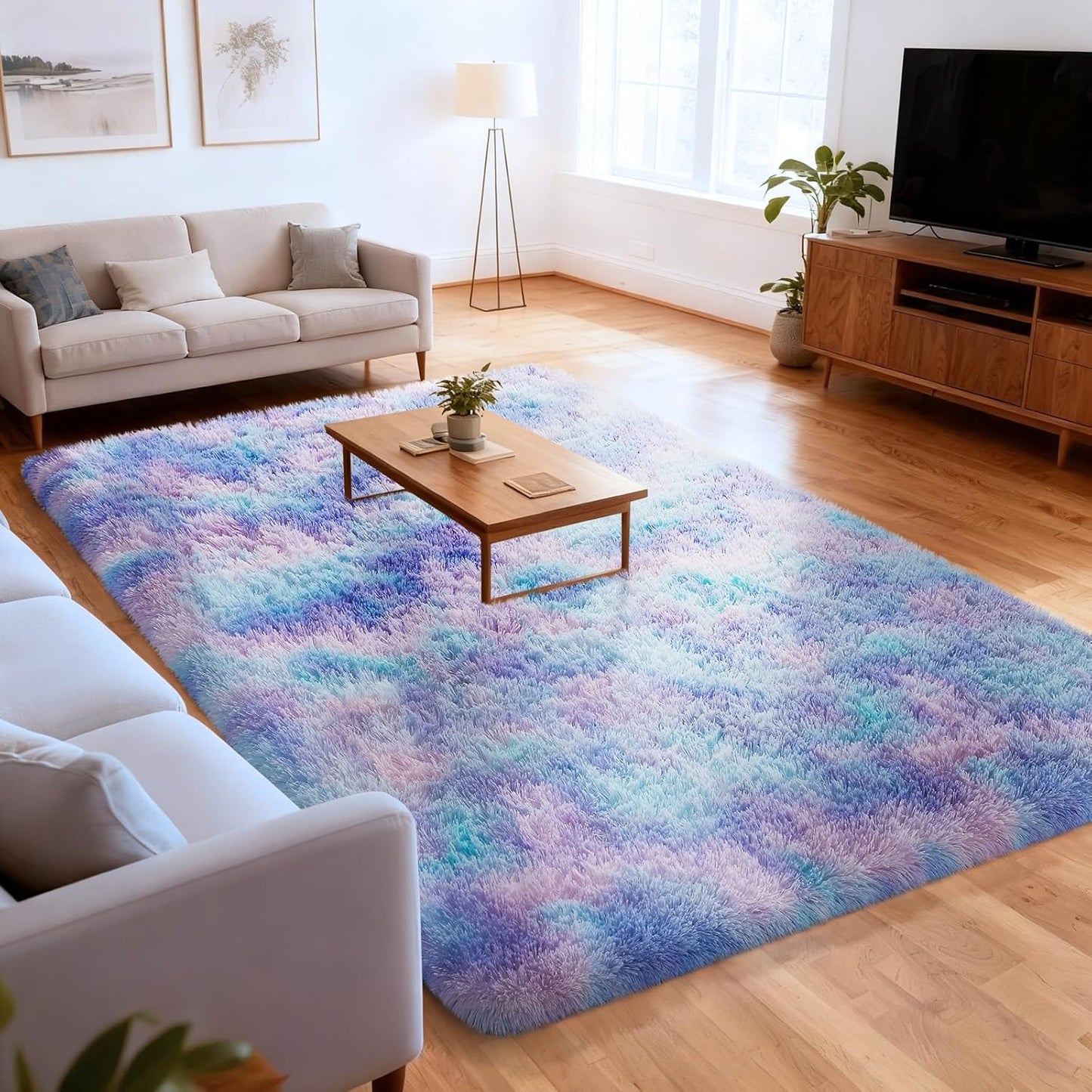 Ophanie Rainbow Purple Mermaid Rug - Fluffy Shag Soft Carpet for Kids' Room | 6x9 Size, Aesthetic Home Decor
