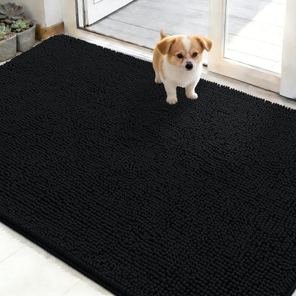 OLANLY Dog Door Mat - Absorbent Non-Slip Washable Doormat for Muddy Paws | 48x30 Black Chenille Mat
