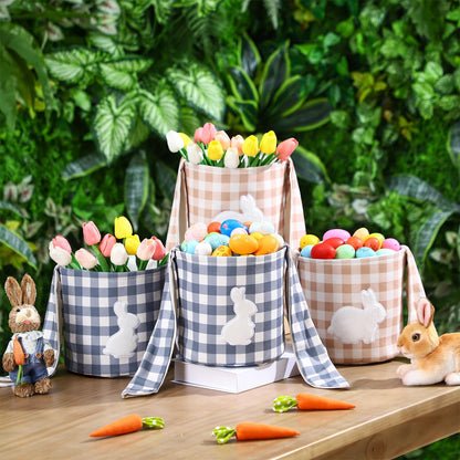 Paterr 4 Pack Easter Bunny Baskets Canvas Cotton Easter Egg Hunt Baskets with Foldable Rabbit Ears Handle DIY Empty Fluffy Tails Embroidered Bunny Buckets for Party Decorations Candy Gifts Storage