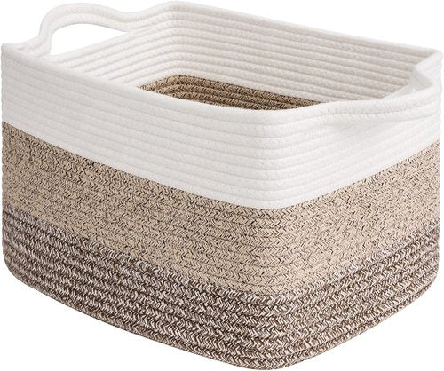 Goodpick Woven Storage Basket - 13"x10"x9" Cotton Rope Organizer for Dog Toys & Books | Stylish Gradient Brown Gift Basket with Handles