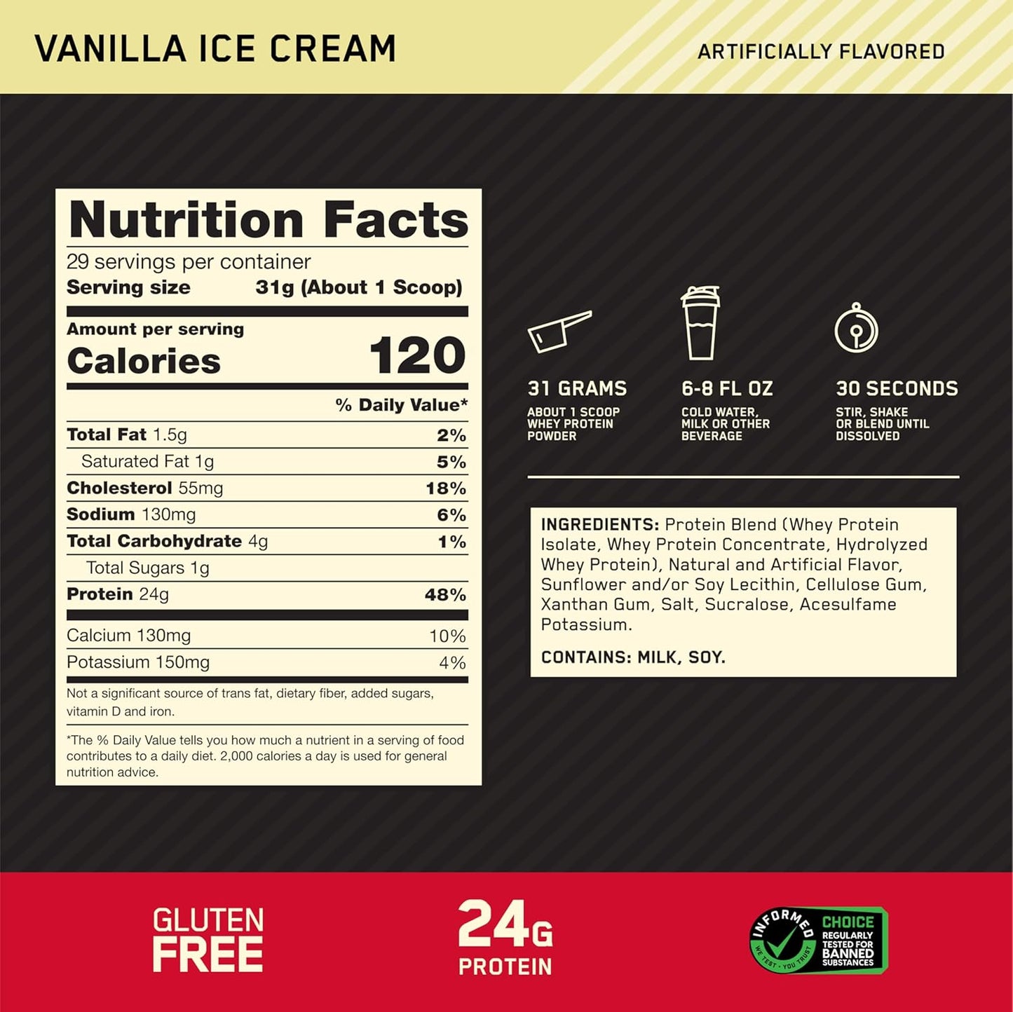 Optimum Nutrition Gold Standard Whey Protein Powder - Vanilla Ice Cream Flavor | 2 Pound Size